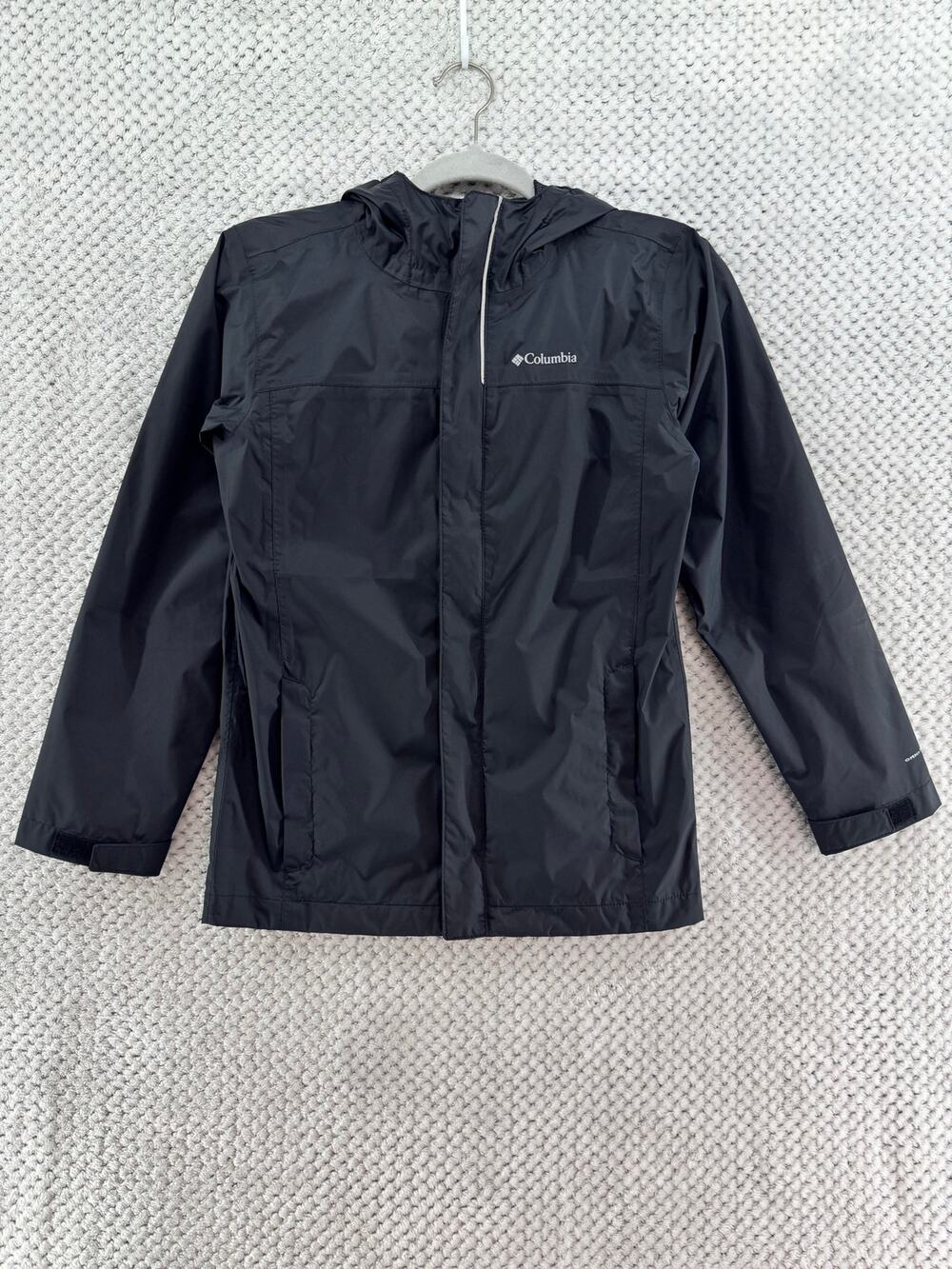 Columbia Hooded Rain Jacket Kids M (10/12) Black Lightweight School Outdoors